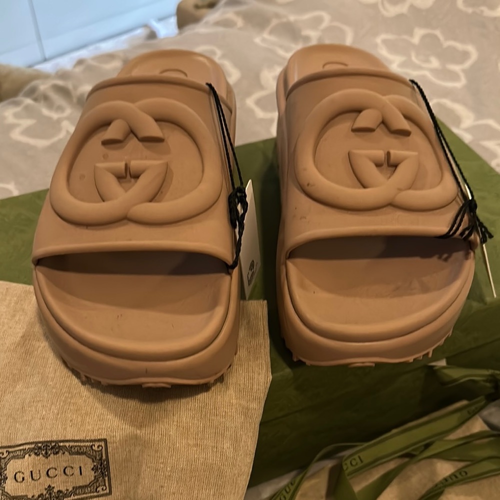 Gucci Beige Embossed Slide Sandals